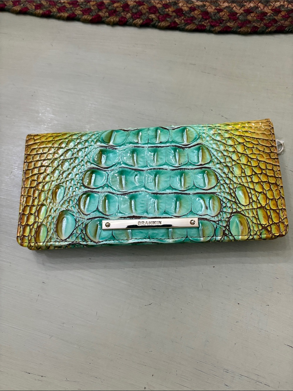 Brahmin Teal and Yellow Croc-Embossed Leather Wallet